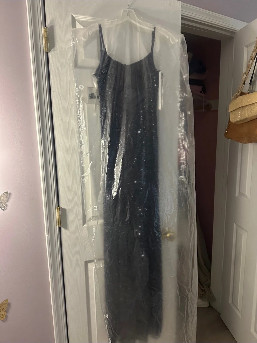Navy Sequin Beaded Maxi Dress with Gold Slit Accent - Picture 5 of 6